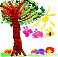 Wasserfarben gemaltes Bild von Schmtterlingen, Baum und Sonne