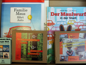 Das Foto zeigt Materialien - Bücher, CR-ROM etc. - zum Thema Mobilität und Verkehr.