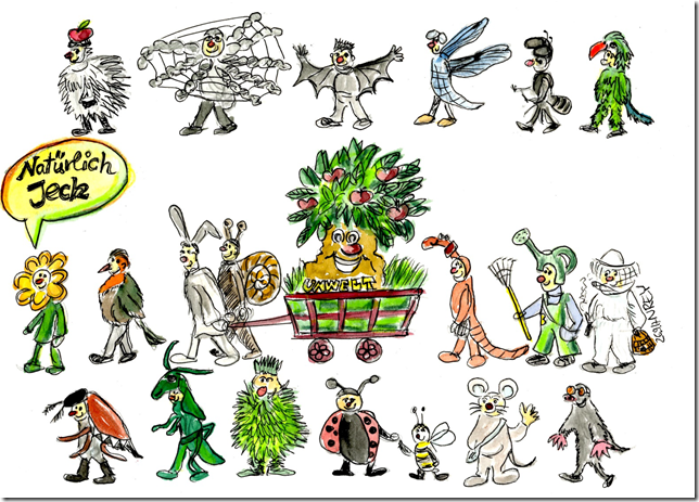 Die Zeichnung zeigt viele fantasievoll gestaltete Karnevalskostüme.