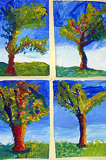 Baumbilder getupft gemalt von Grundschlern