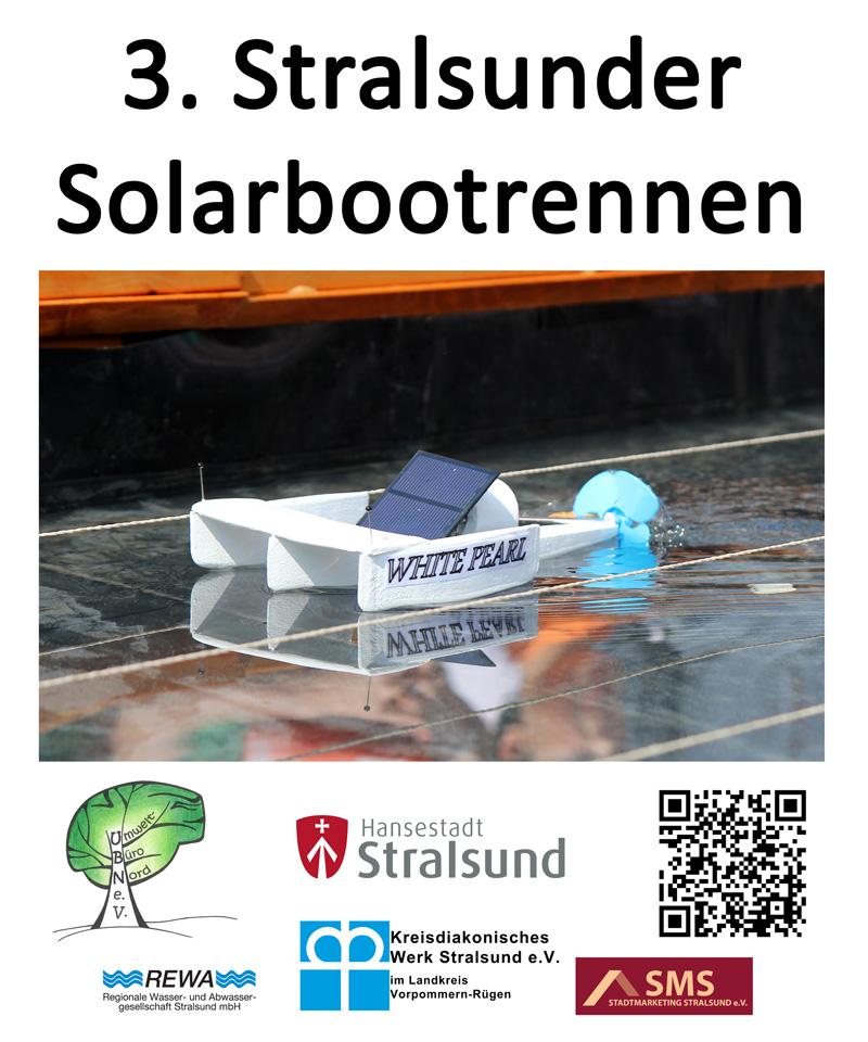 Das Bild zeigt ein Poster. Ganz oben steht: 3. Stralsunder Solarbootrennen. Darunter ist ein Solarboot abgebildet. Unten finden sich die Logos der Veranstalter und Partner.