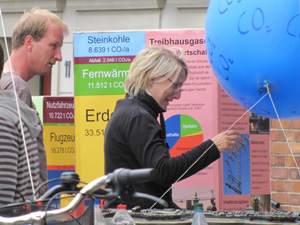 Zwei Menschen betrachten einen großen blauen Luftballon, der über einem Stadtmodell der Hansestadt Stralsund angebracht ist und die Aufschrift CO2 trägt.