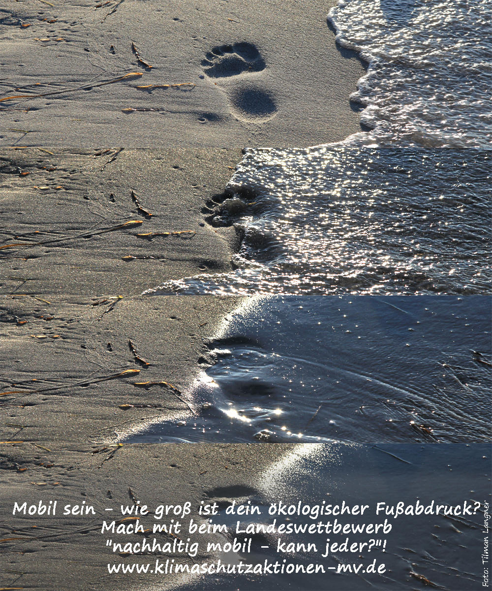 Das Foto zeigt Fußspuren am Strand, dazu den Schriftzug: Mobil sein - wie groß ist dein ökologischer Fußabdruck?