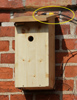 Das Foto zeigt einen Nistkasten aus Holz, der an einer Scheune hängt. Ein Kabel, das vom Kasten ins Haus führt, ist durch eine gelbe Ellypse markiert.