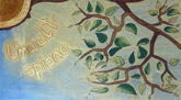 Das handgemalte Bild zeigt Zweige und Blätter eines Baumes vor einem blauen Himmel. Dazu den Schriftzug Umweltspione.